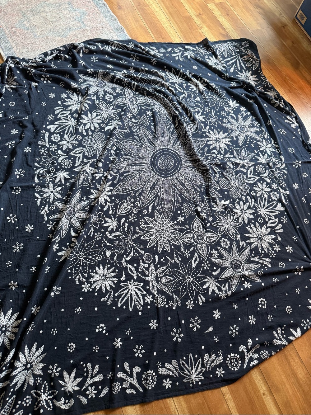 Boho Floral Medallion Black Cotton Tapestry
